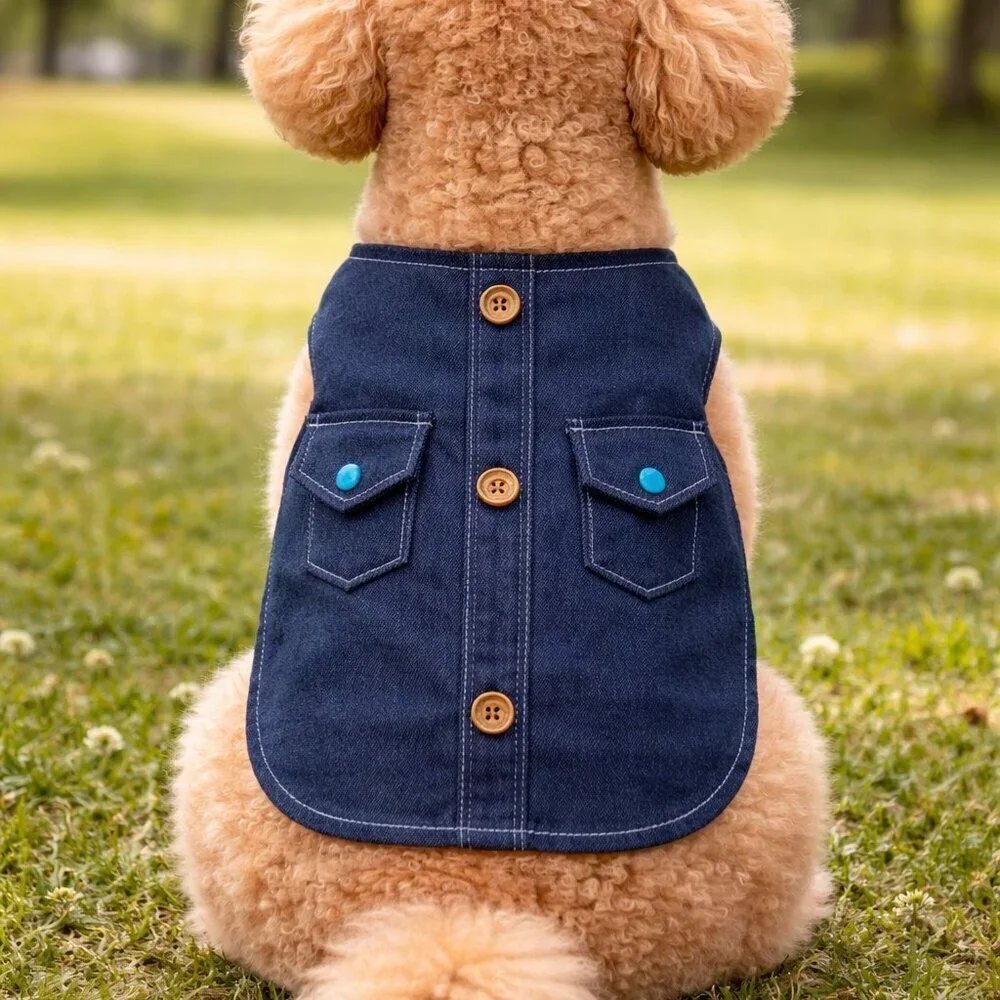 Denim Dog Jacket Decorative Pockets & Buttons Cute Stylish Dog Coat Handmade S